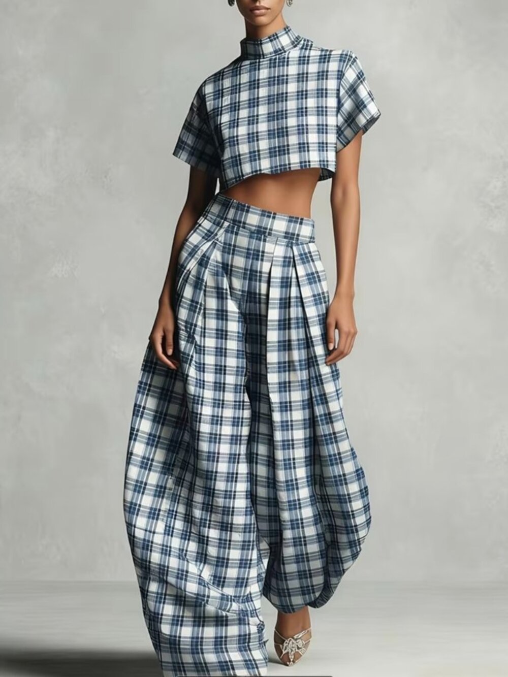 Blue & White Plaid Stand-Collar Cropped Top + High-Waisted Pleated Lantern Pants